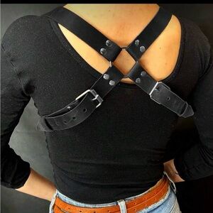 Black Leather Harness Suspender Accessory New